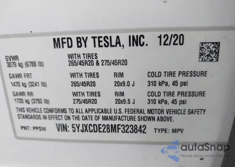 2021 Tesla Model X Long Range Dual Motor All-Wheel Drive/Long Range Plus Dual Motor All-Wheel Drive z USA, uszkodzony, nr VIN 5YJXCDE28MF323842